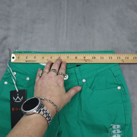 E Line Pants Womens 1 Green Skinny Low Rise Button Distress Pocket Stretch Jeans - Picture 3 of 16